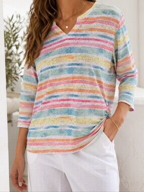 FDJ French Dressing Jeans 3/4 Sleeve Painted Rainbow Stripe Notch Neck Top XXL